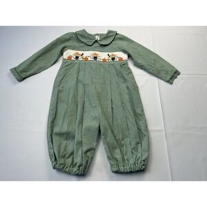 Royal Child 24M Smocked Scarecrow Pumpkin Romper Green Gingham Fall